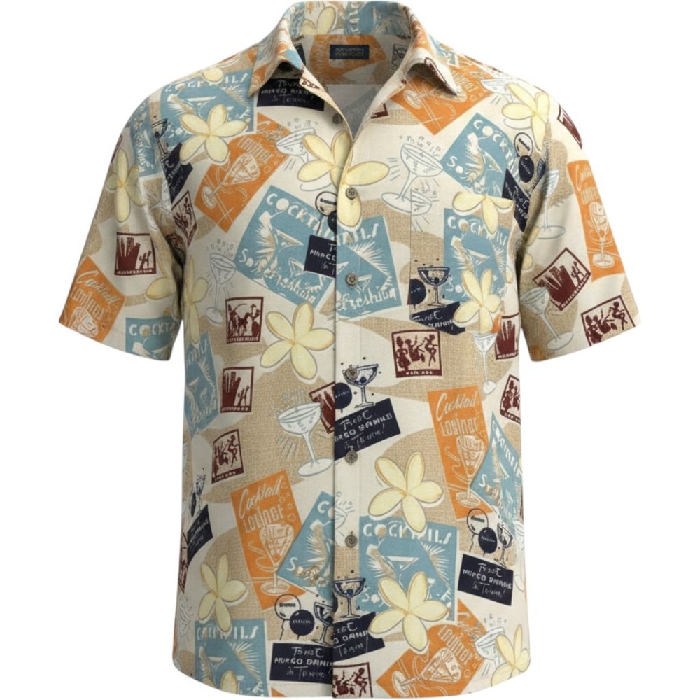 Munsingwear Button Up party Shirt‎ Men Beige Cocktail Lounge Tiki Rayon Aloha